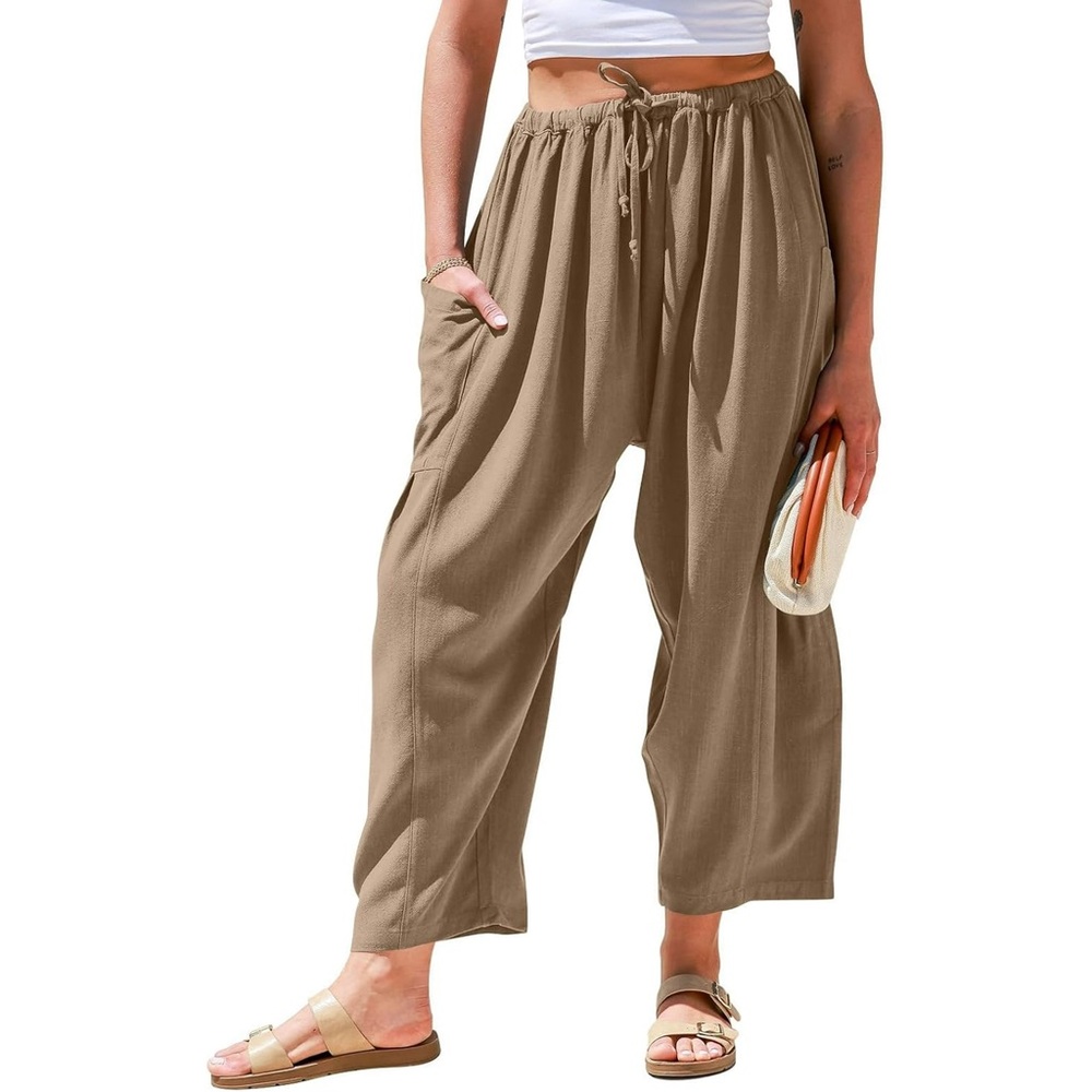 TARSE Womens Linen Wide Leg Pants Casual Loose Drawstring Boohoo/Pockets M/ S